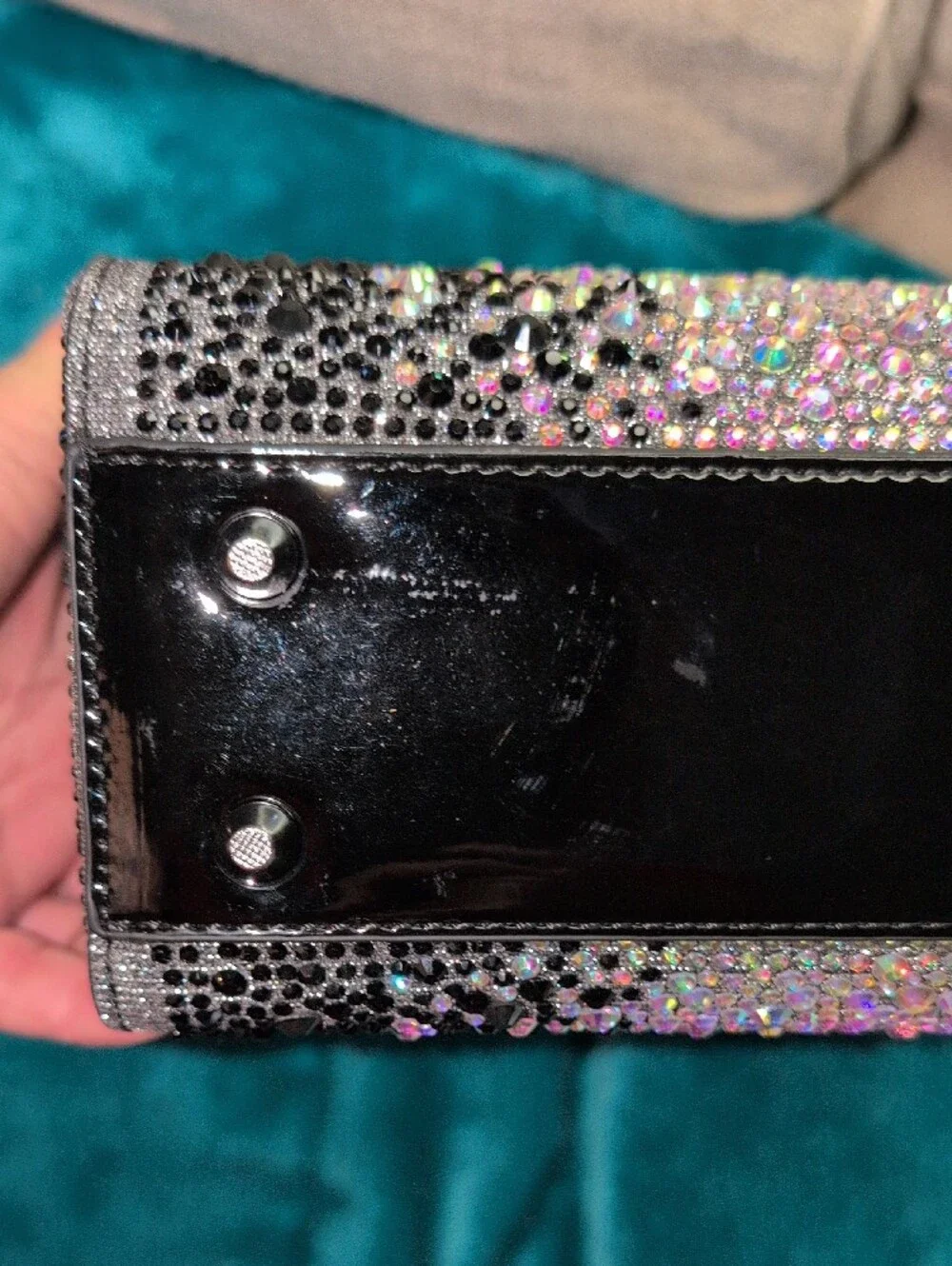 Crystal-Embellished Black Patent Mini Tote With Crossbody Strap - Picture 7 of 16